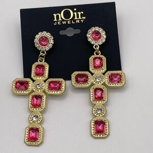 NWT Noir Jewelry Gold Toned and Pink Stone Statement Cross Earrings